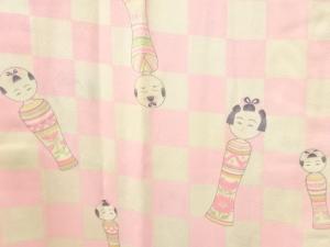 アンティーク　市松にこけし模様単衣長襦袢（刺繍衿付き）